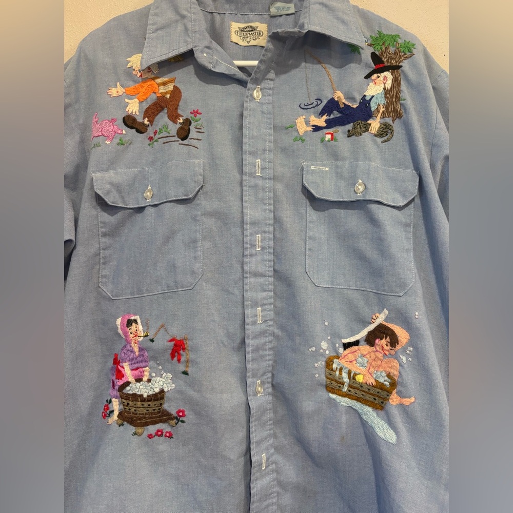 Vintage Fieldmaster Embroidered Chambray Shirt Folk Art Western Novelty
